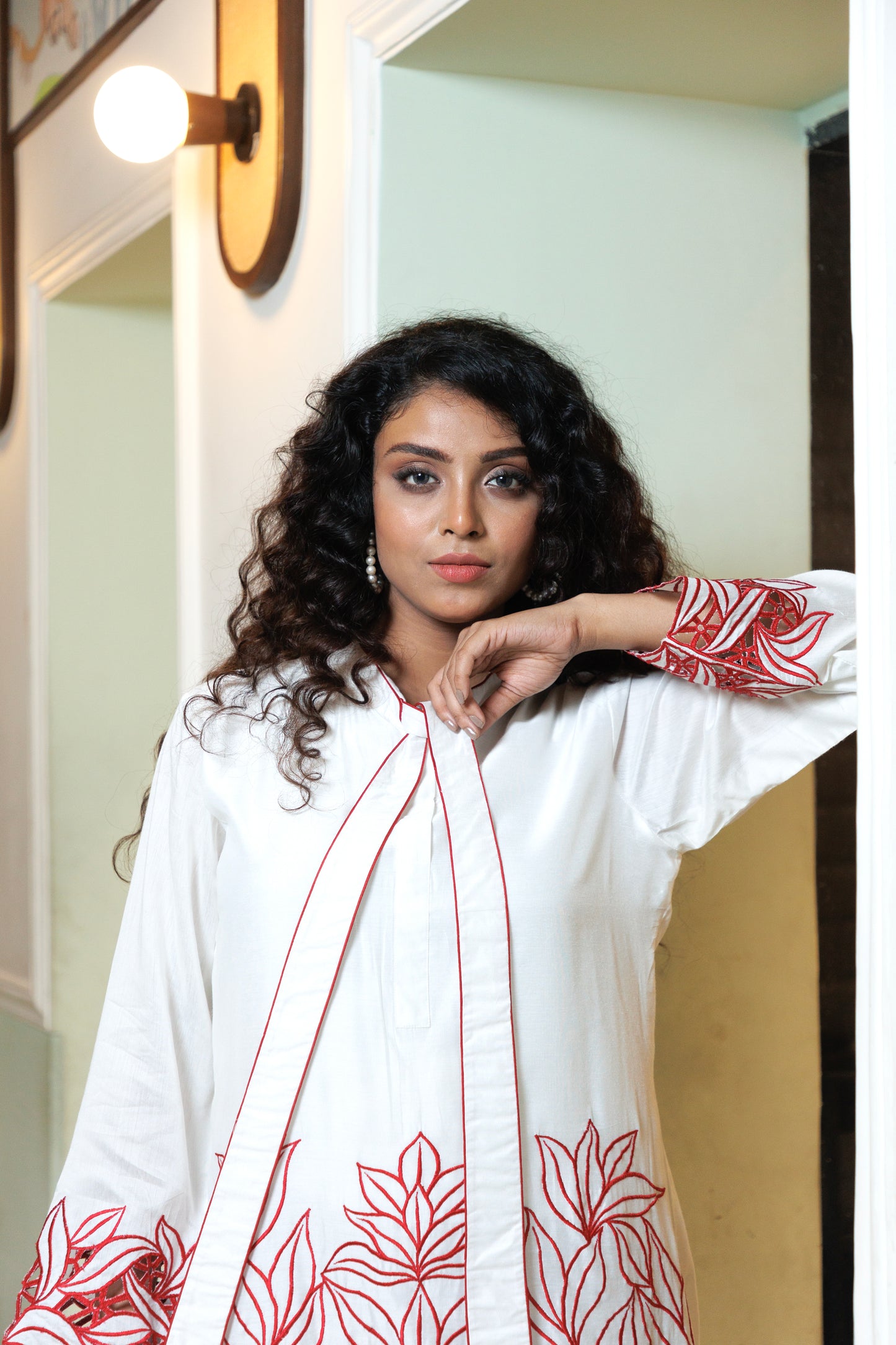 White chanderi dress with cut work