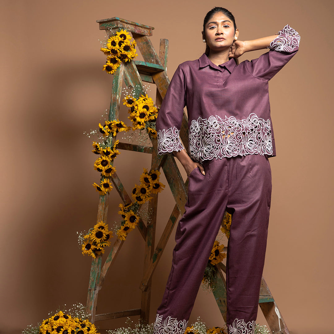 cutwork coordset in violet