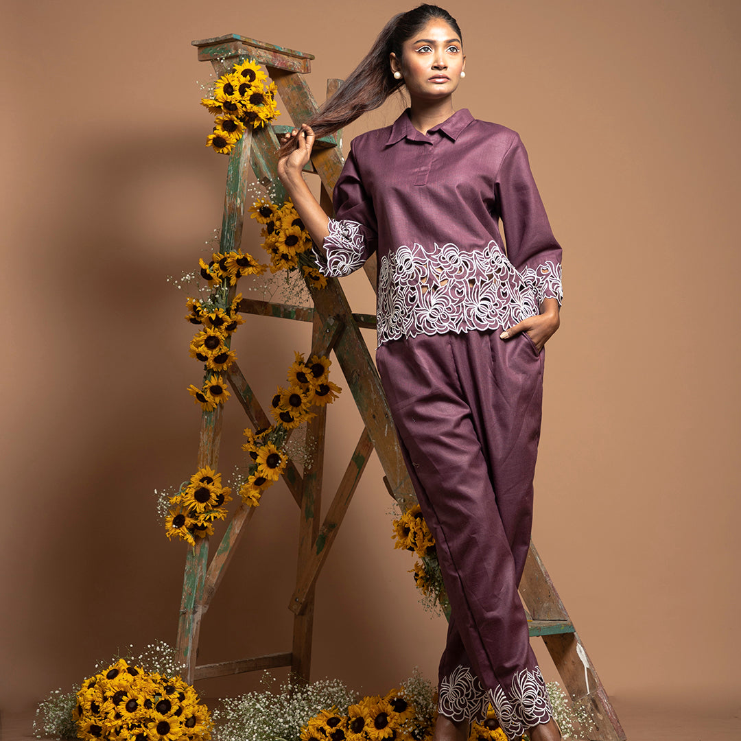 cutwork coordset in violet