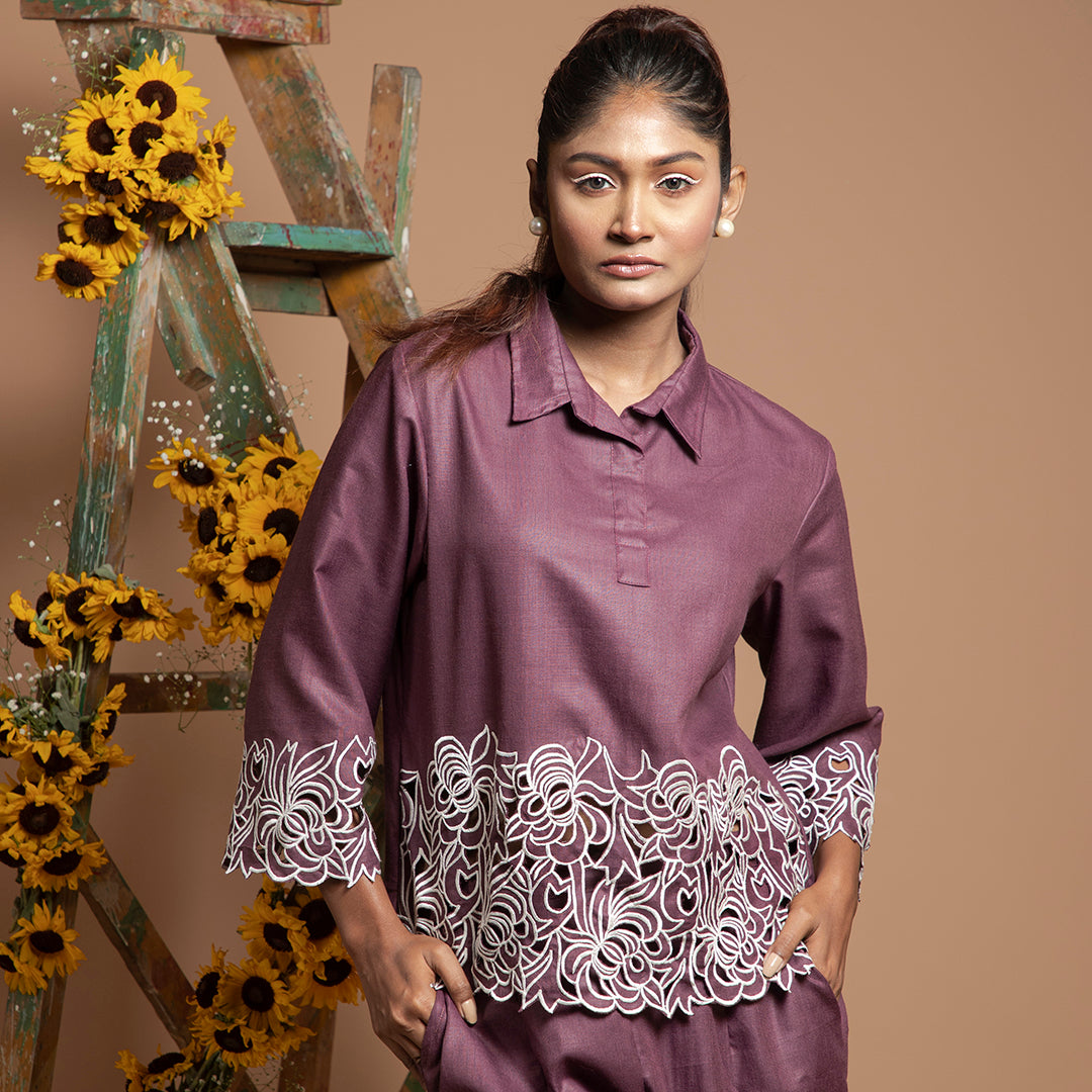 cutwork coordset in violet