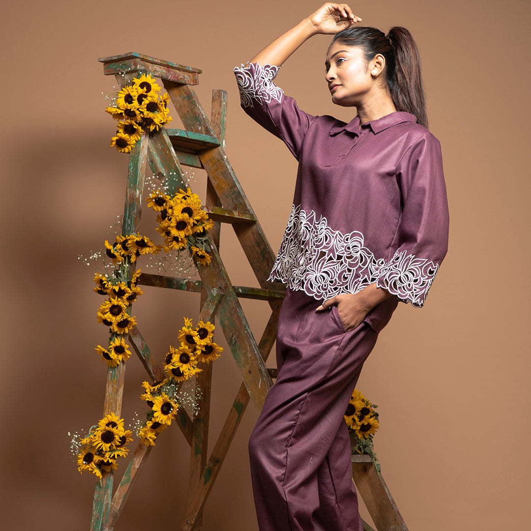 cutwork coordset in violet