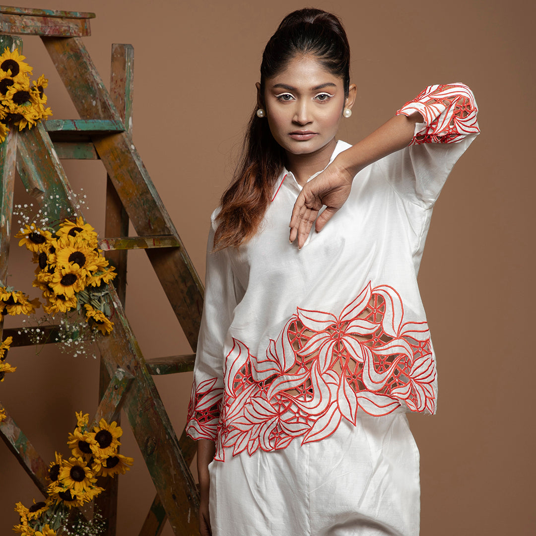 cutwork coordset in white and red