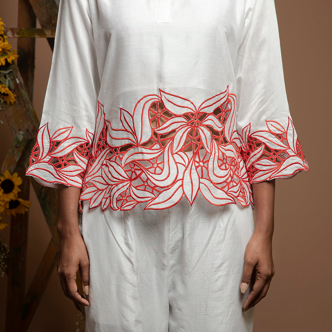 cutwork coordset in white and red