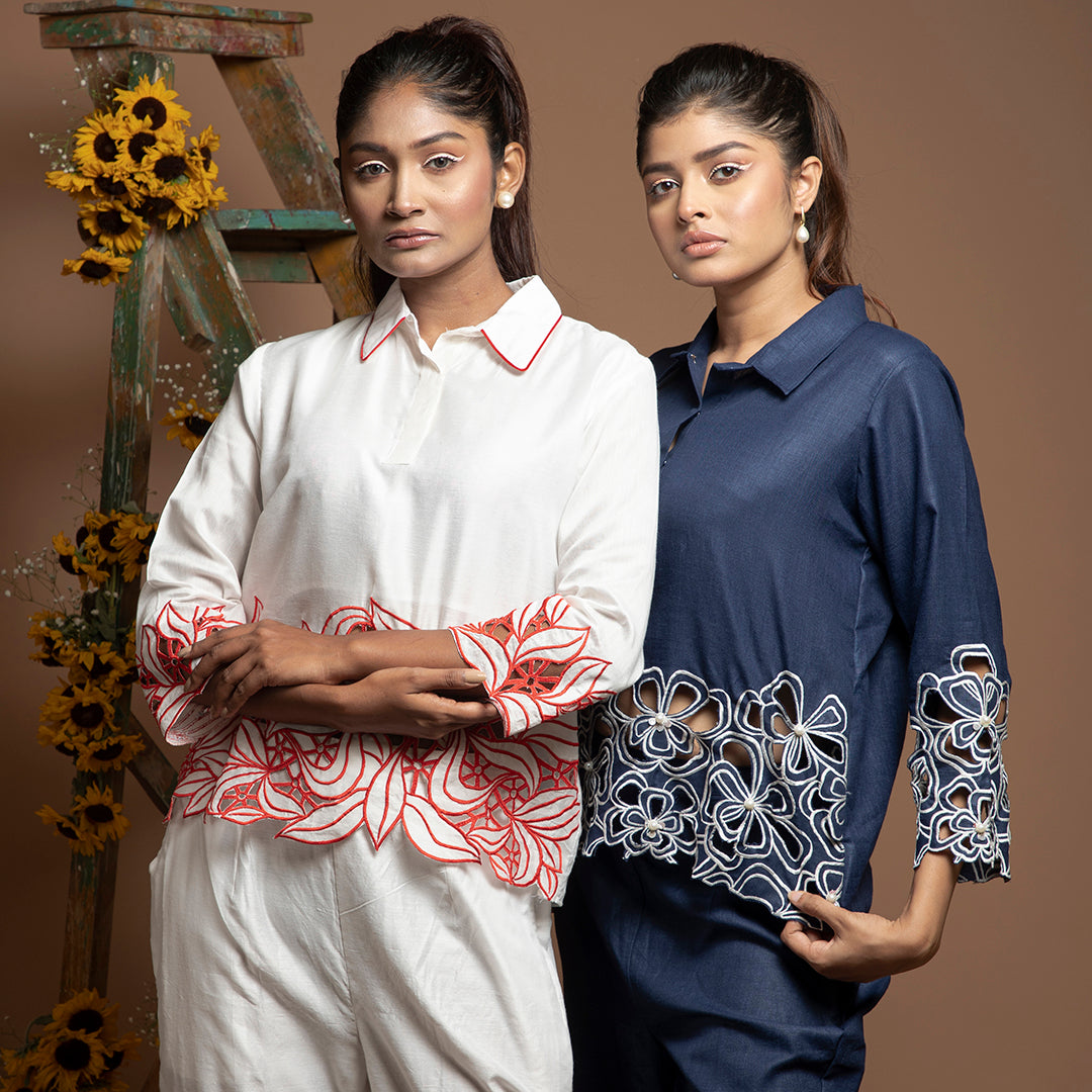 cutwork coordset in white and red
