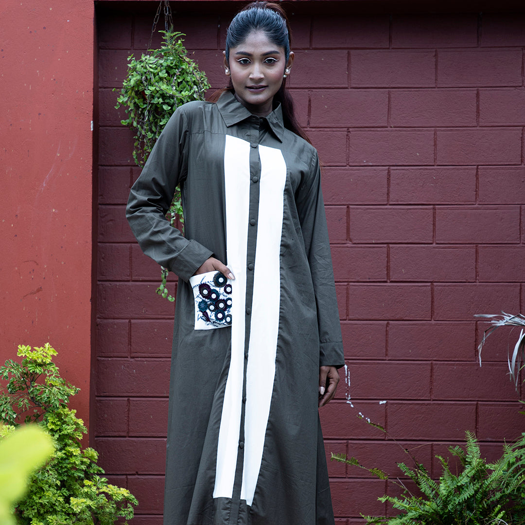 Grey and white dress with embroidey pocket