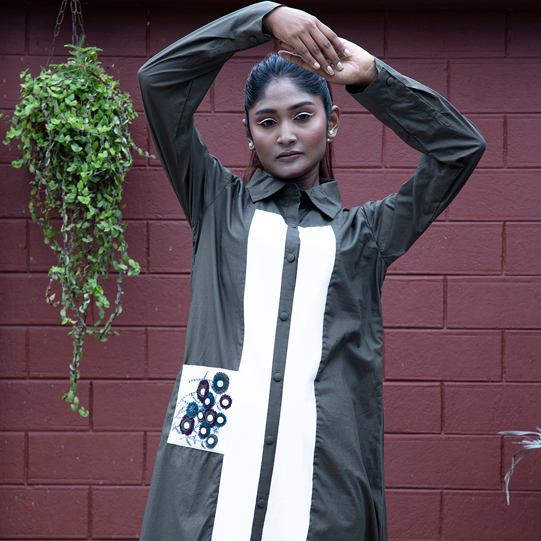 Grey and white dress with embroidey pocket