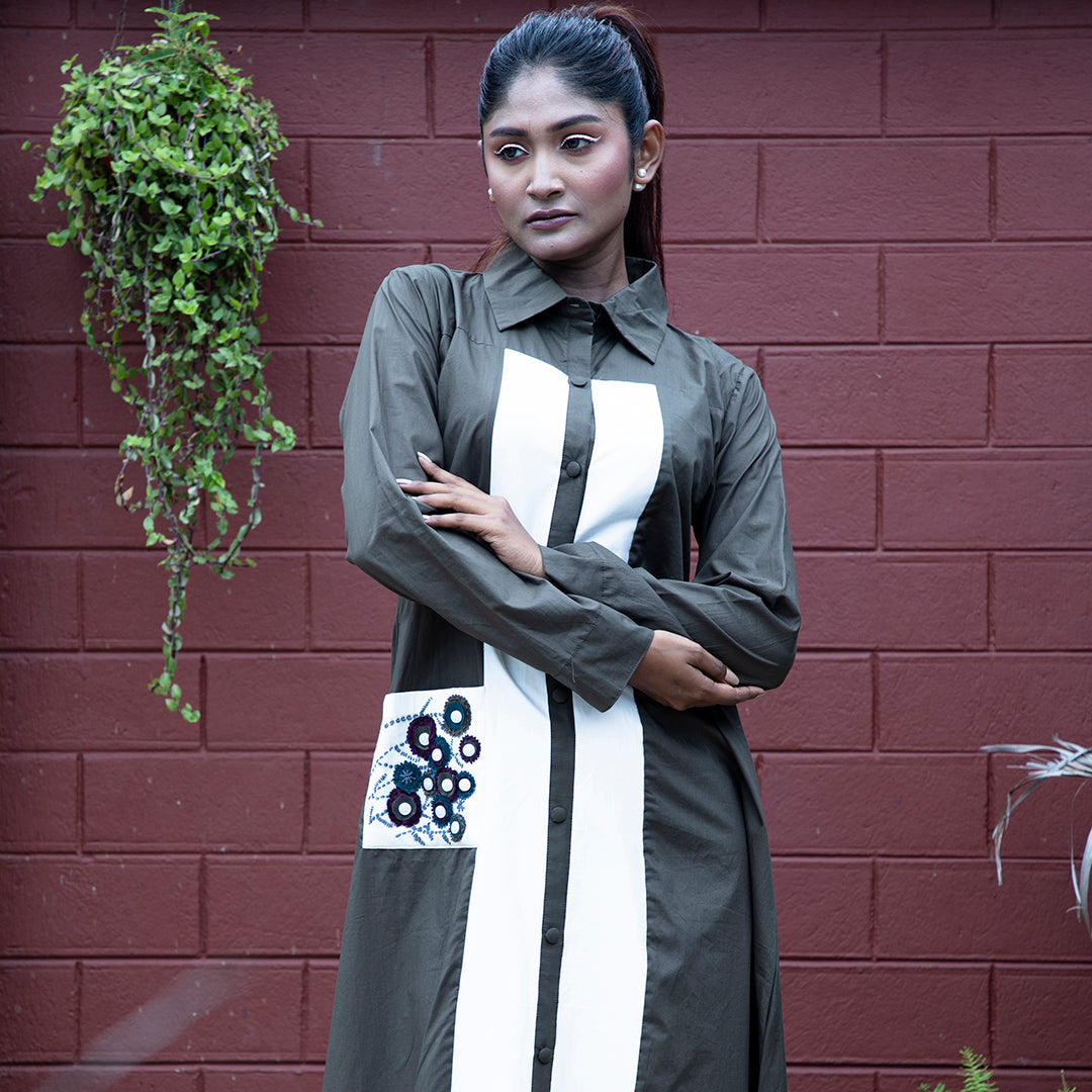 Grey and white dress with embroidey pocket