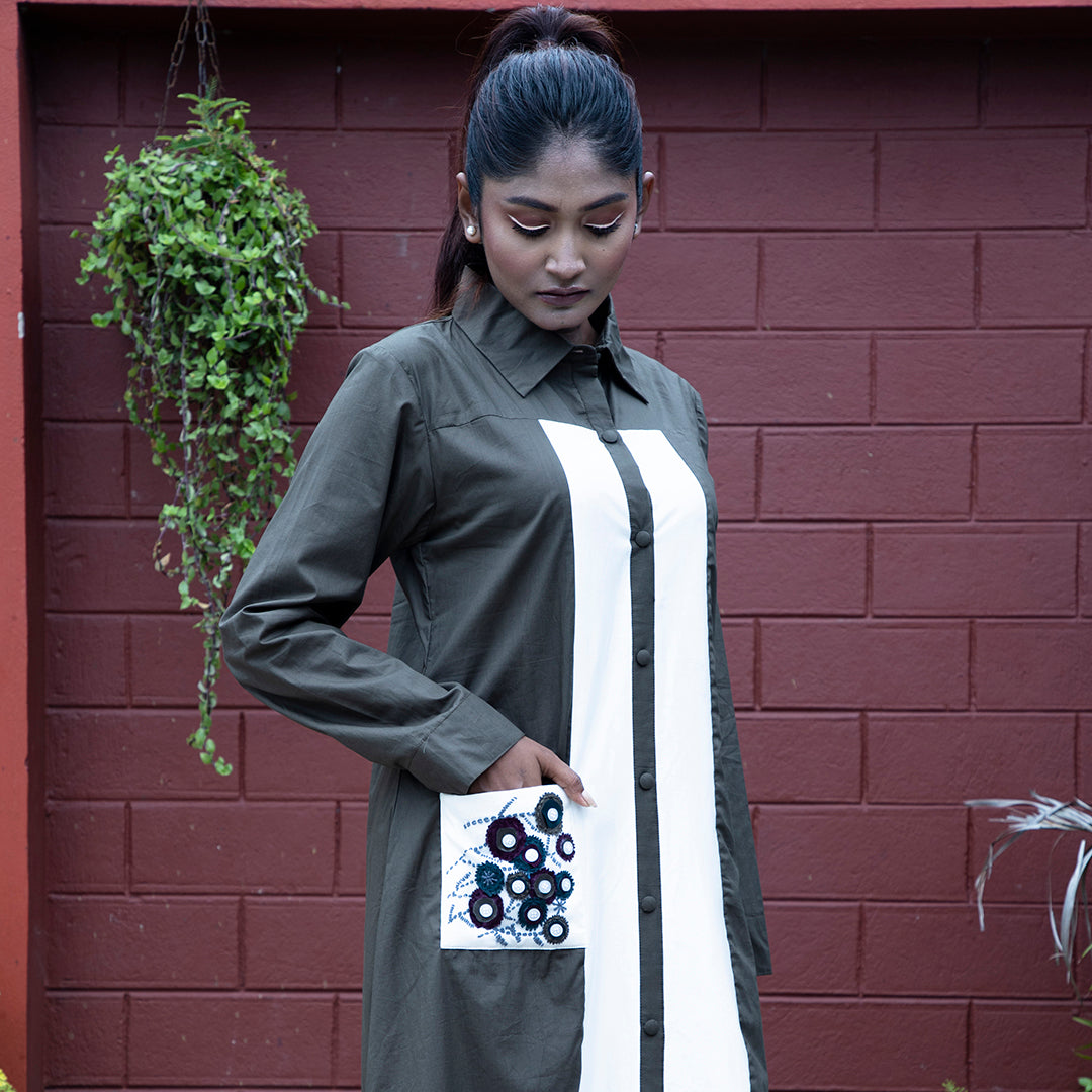 Grey and white dress with embroidey pocket