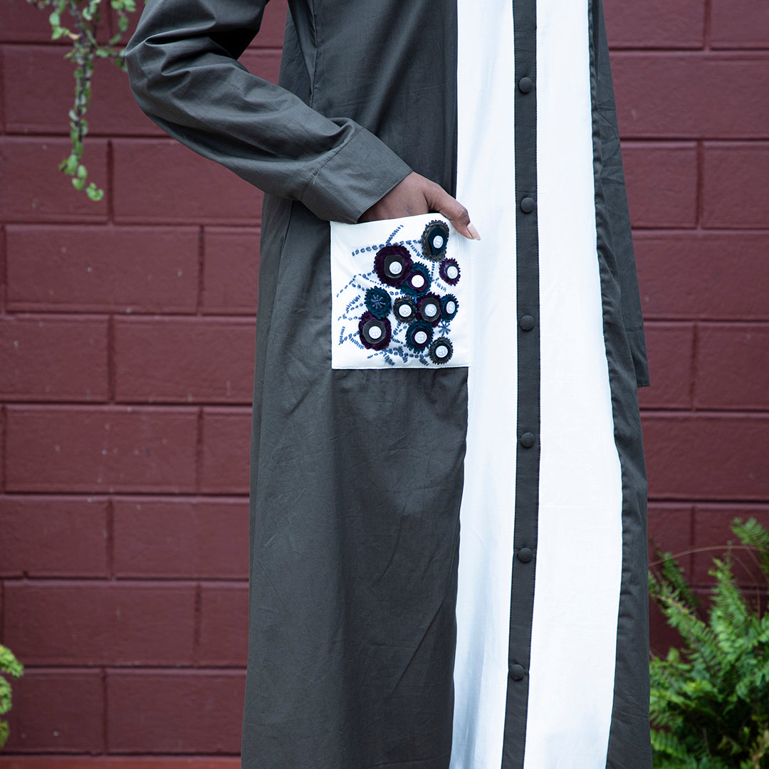 Grey and white dress with embroidey pocket
