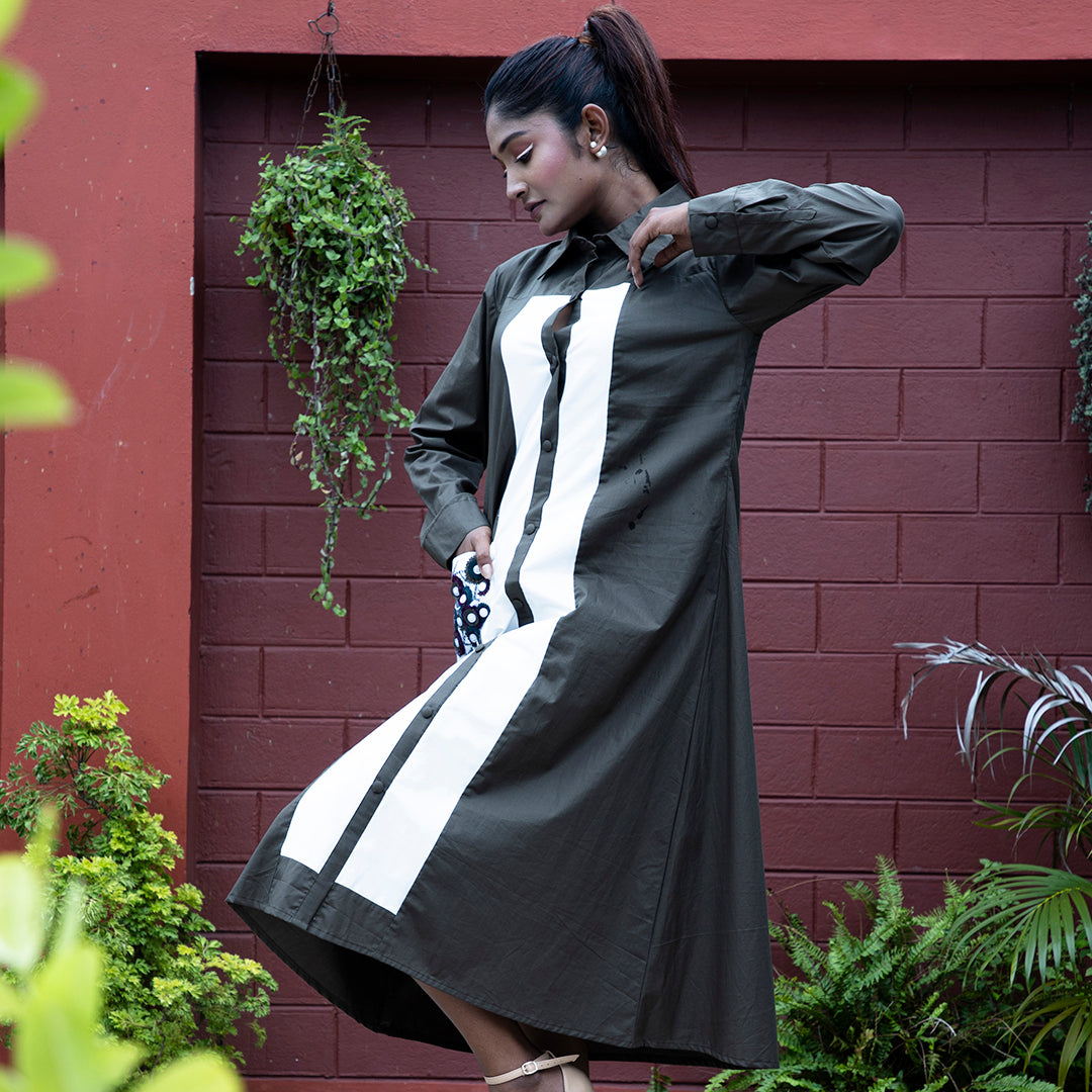 Grey and white dress with embroidey pocket