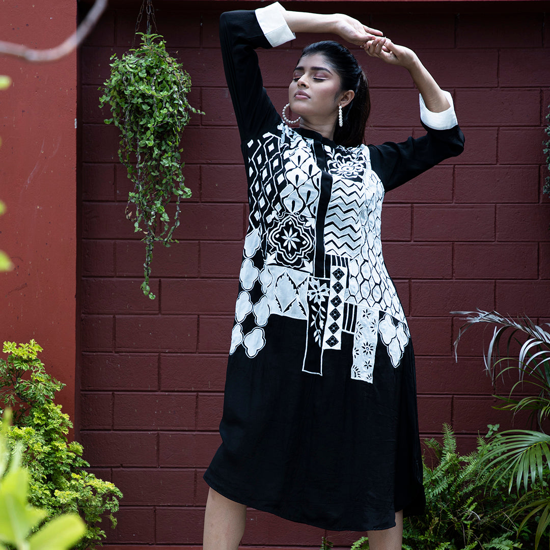 Black and white applique dress