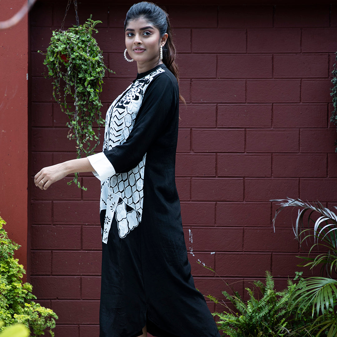 Black and white applique dress