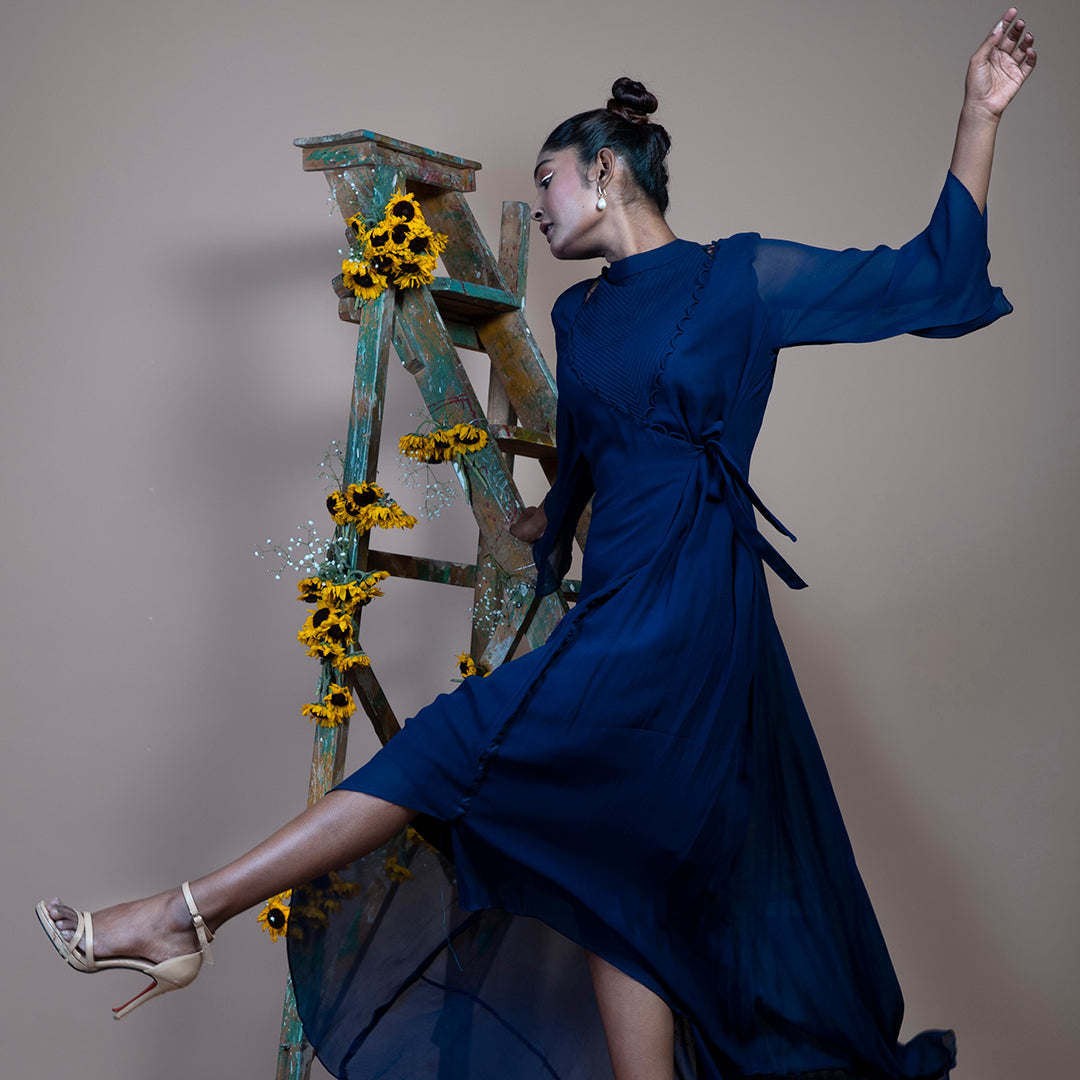 Blue georgette drape dress