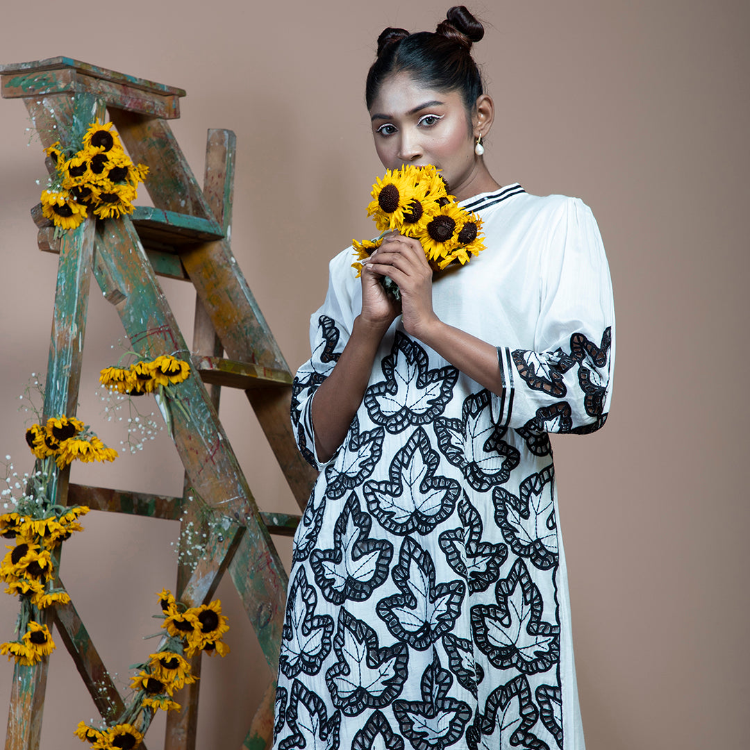 White dress with black cutwork
