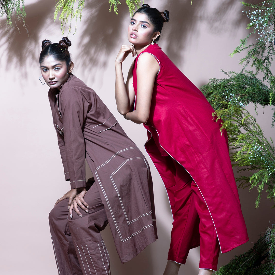 Red sleeveless coordset with jacket