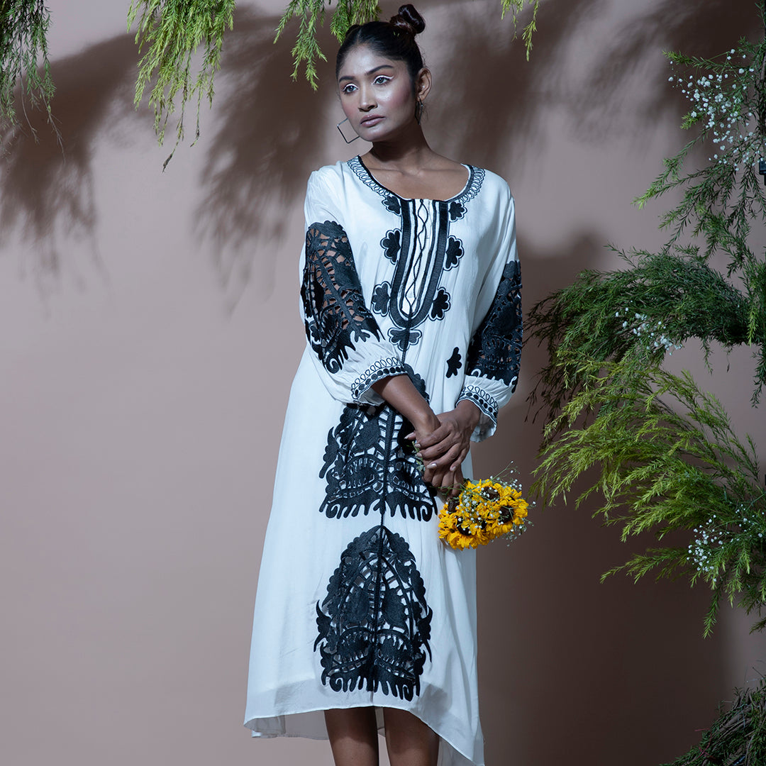 White dress with black cutwork