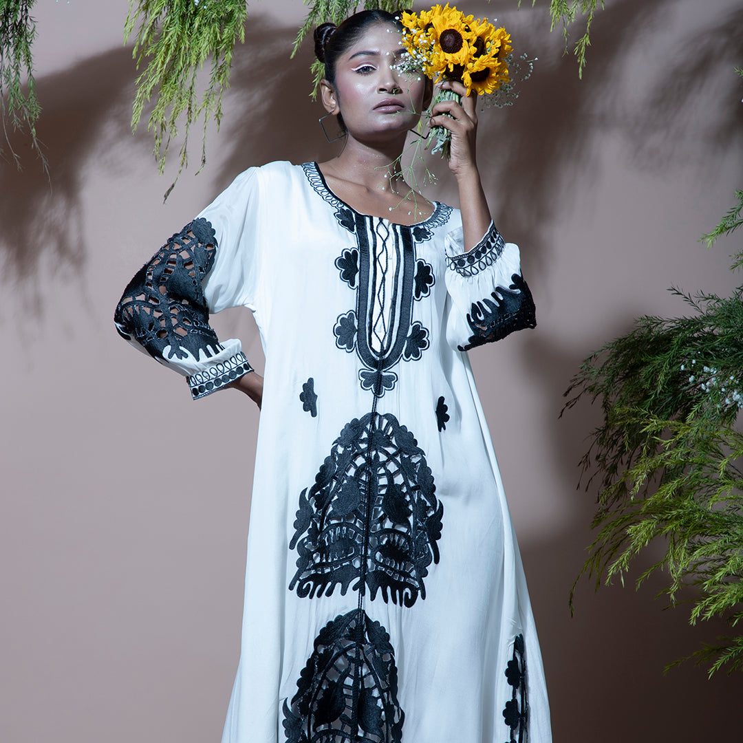 White dress with black cutwork