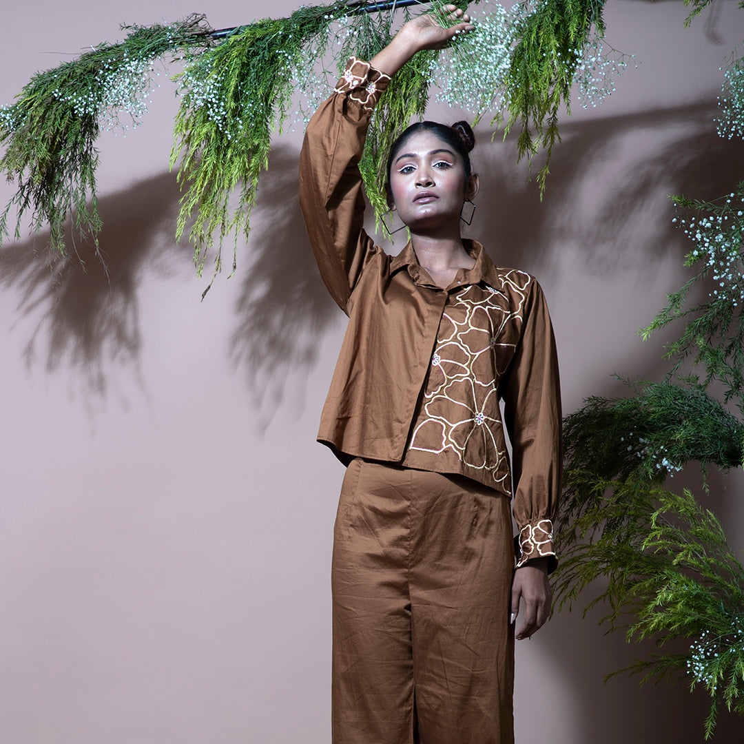 Brown coordset with embroidery