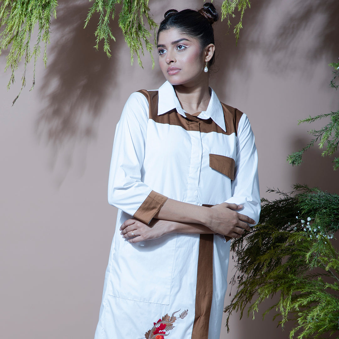 White and brown embroidery dress