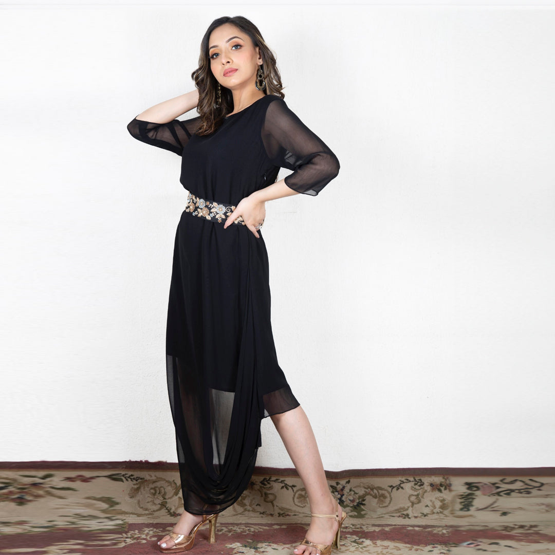 Black drape dress with belt
