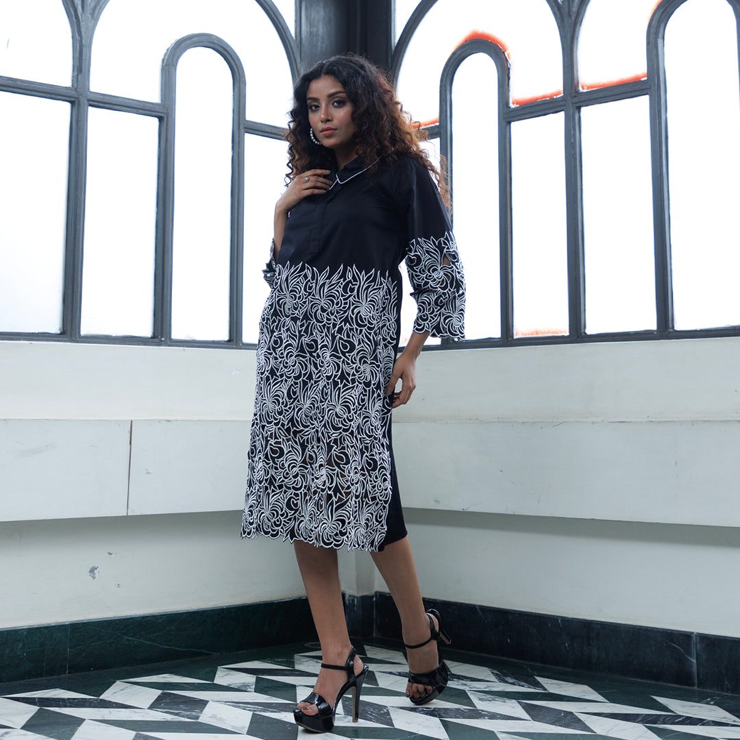 Black and white cutwork dress