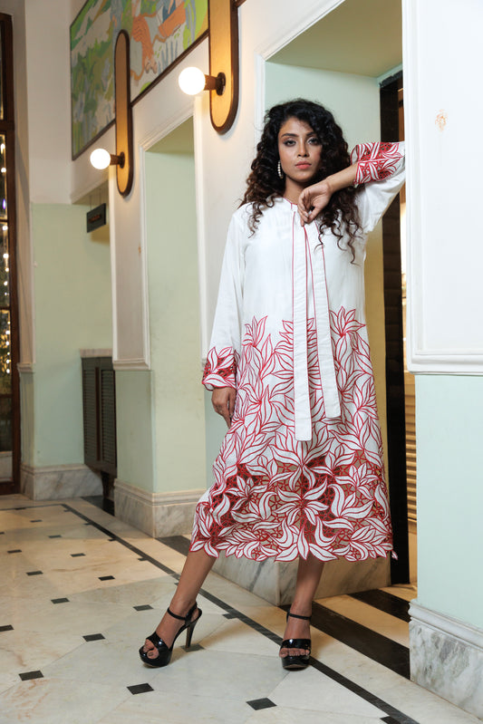 White chanderi dress with cut work