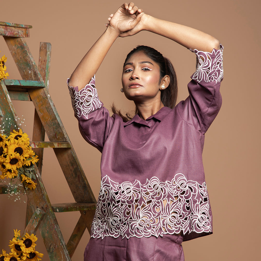 cutwork coordset in violet