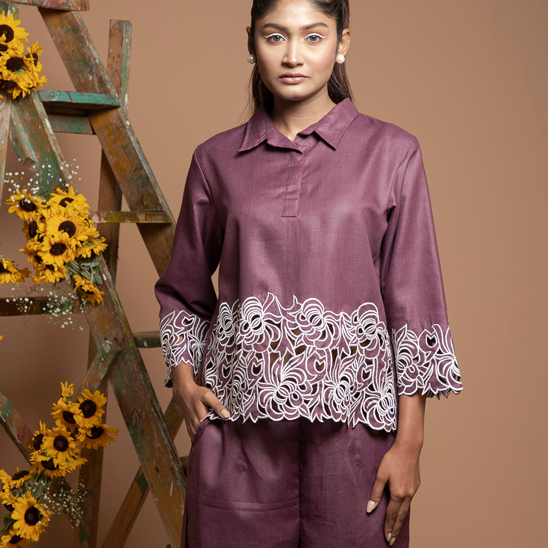 cutwork coordset in violet