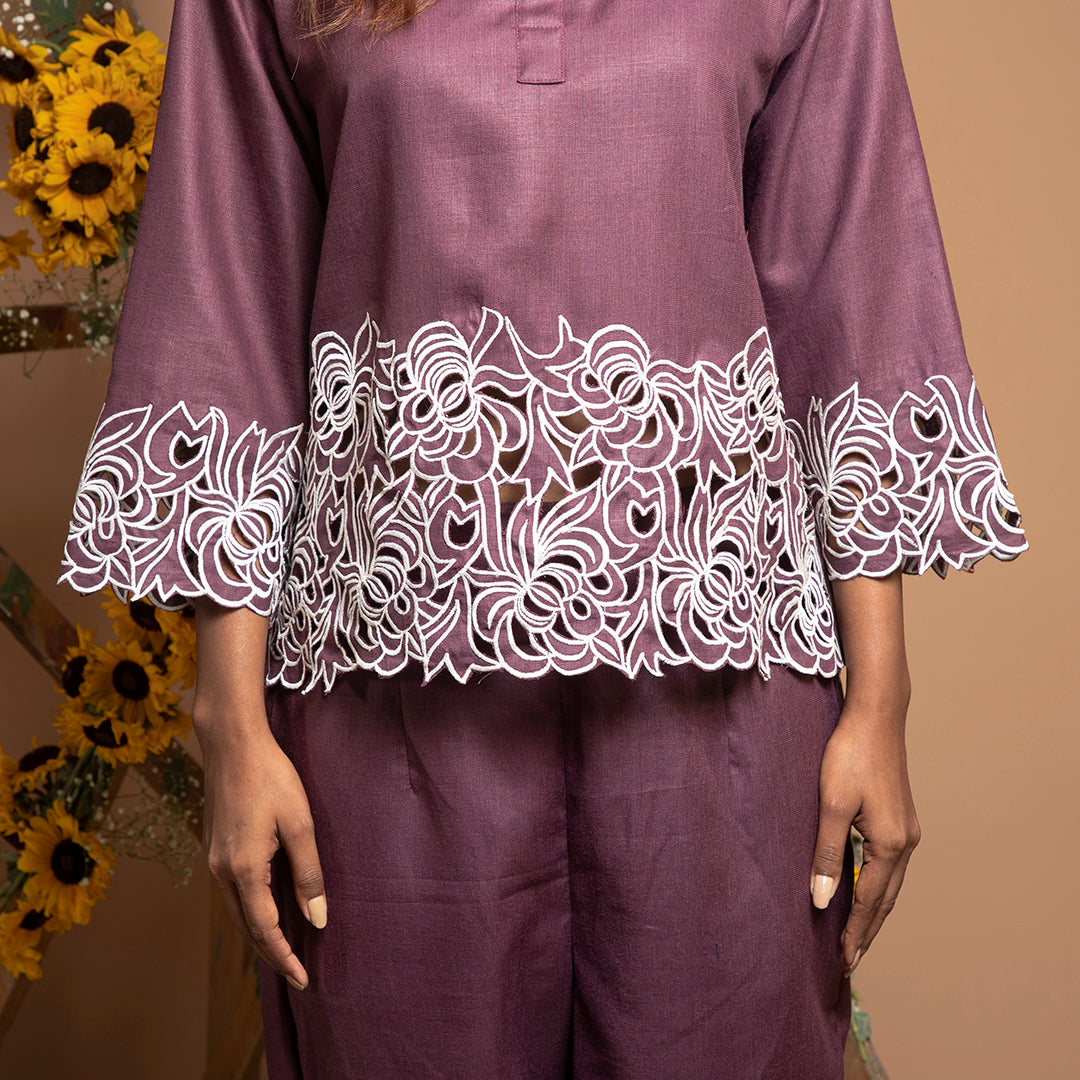 cutwork coordset in violet