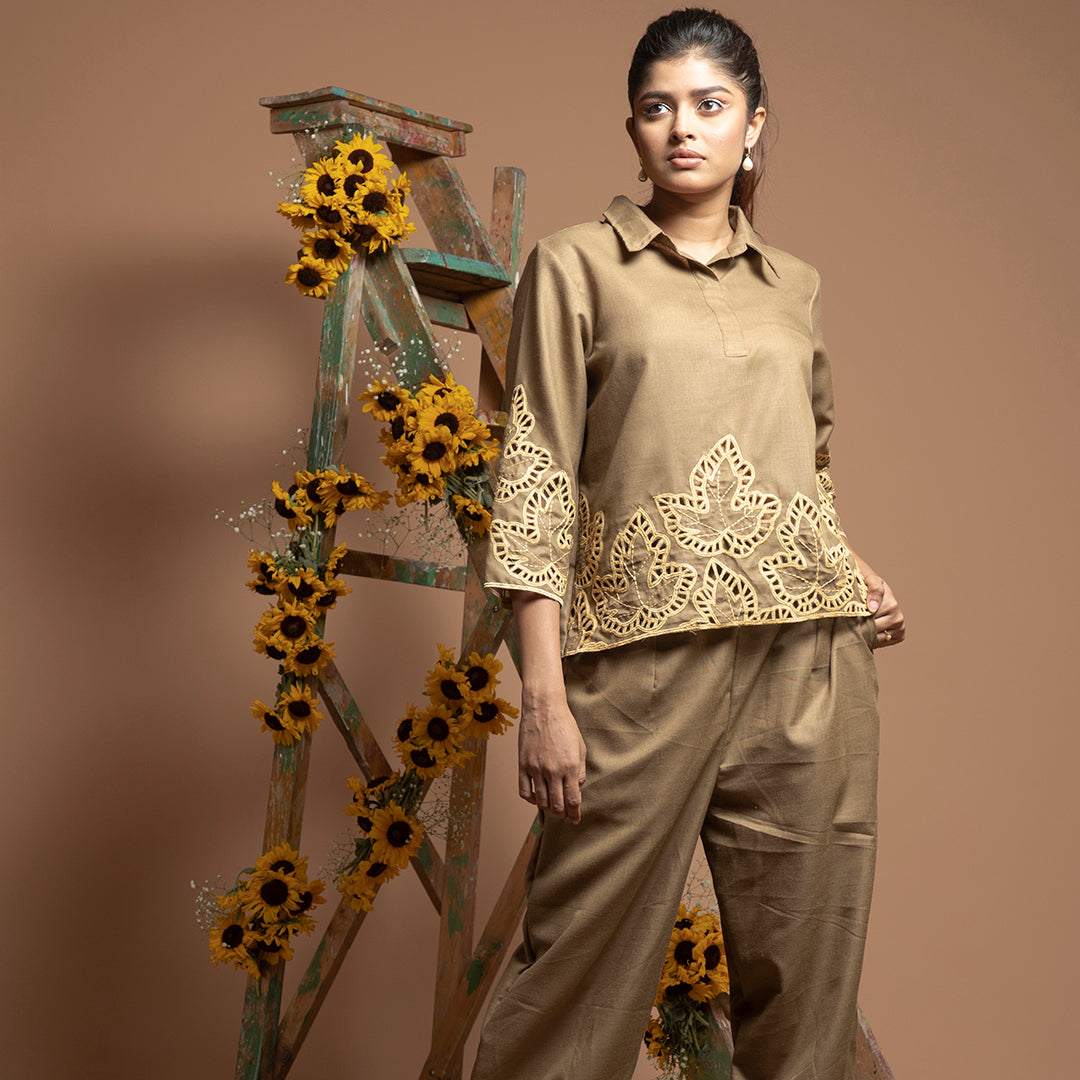cutwork coordset in brown