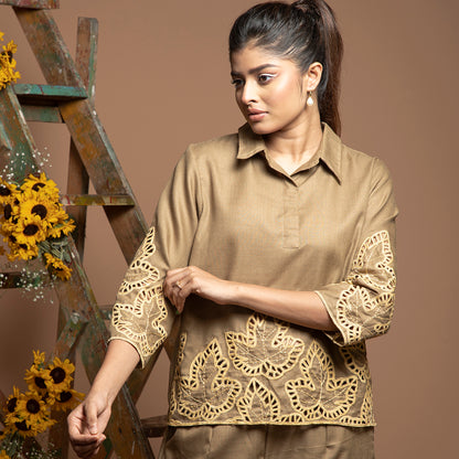 cutwork coordset in brown