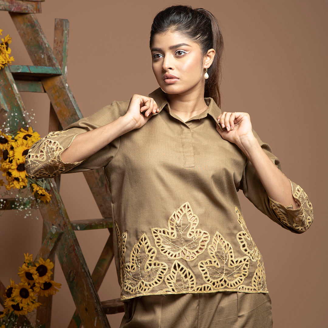 cutwork coordset in brown