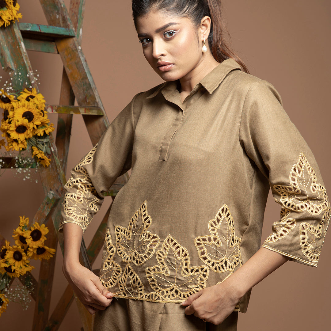 cutwork coordset in brown