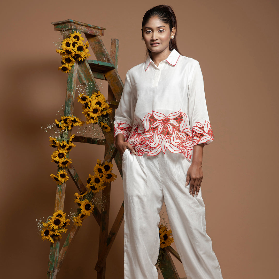 cutwork coordset in white and red