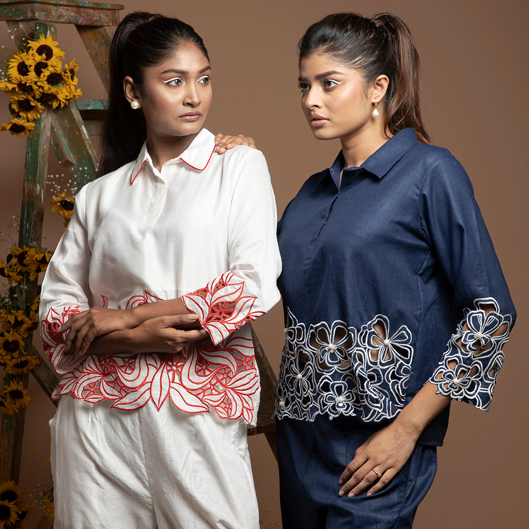 cutwork coordset in white and red