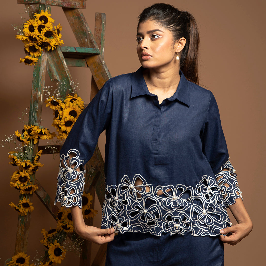 cutwork coordset in blue