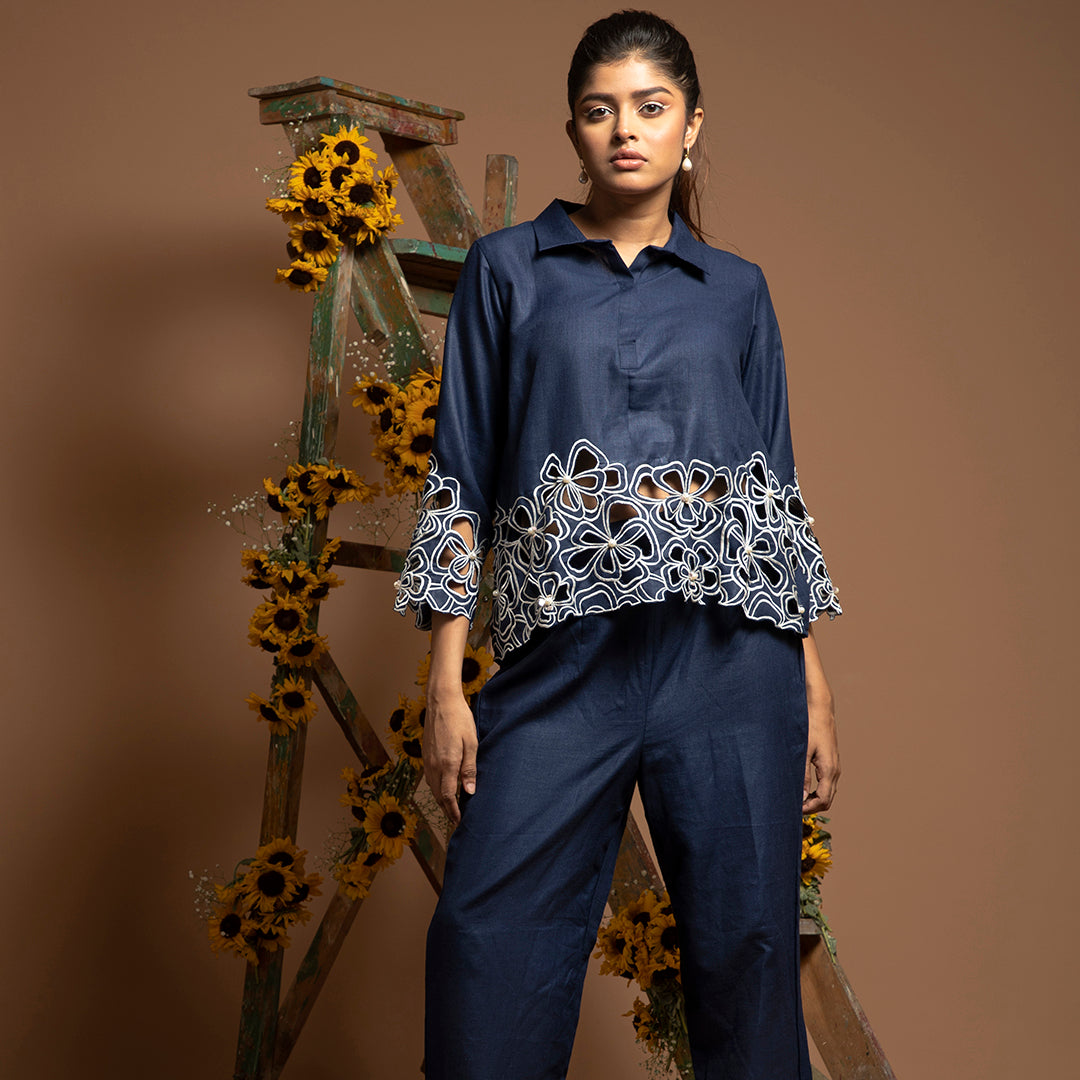 cutwork coordset in blue