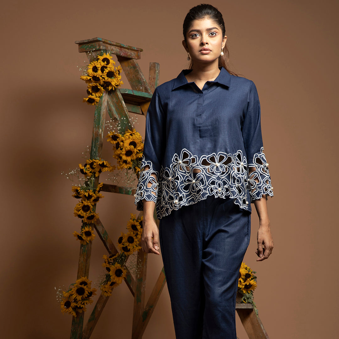 cutwork coordset in blue