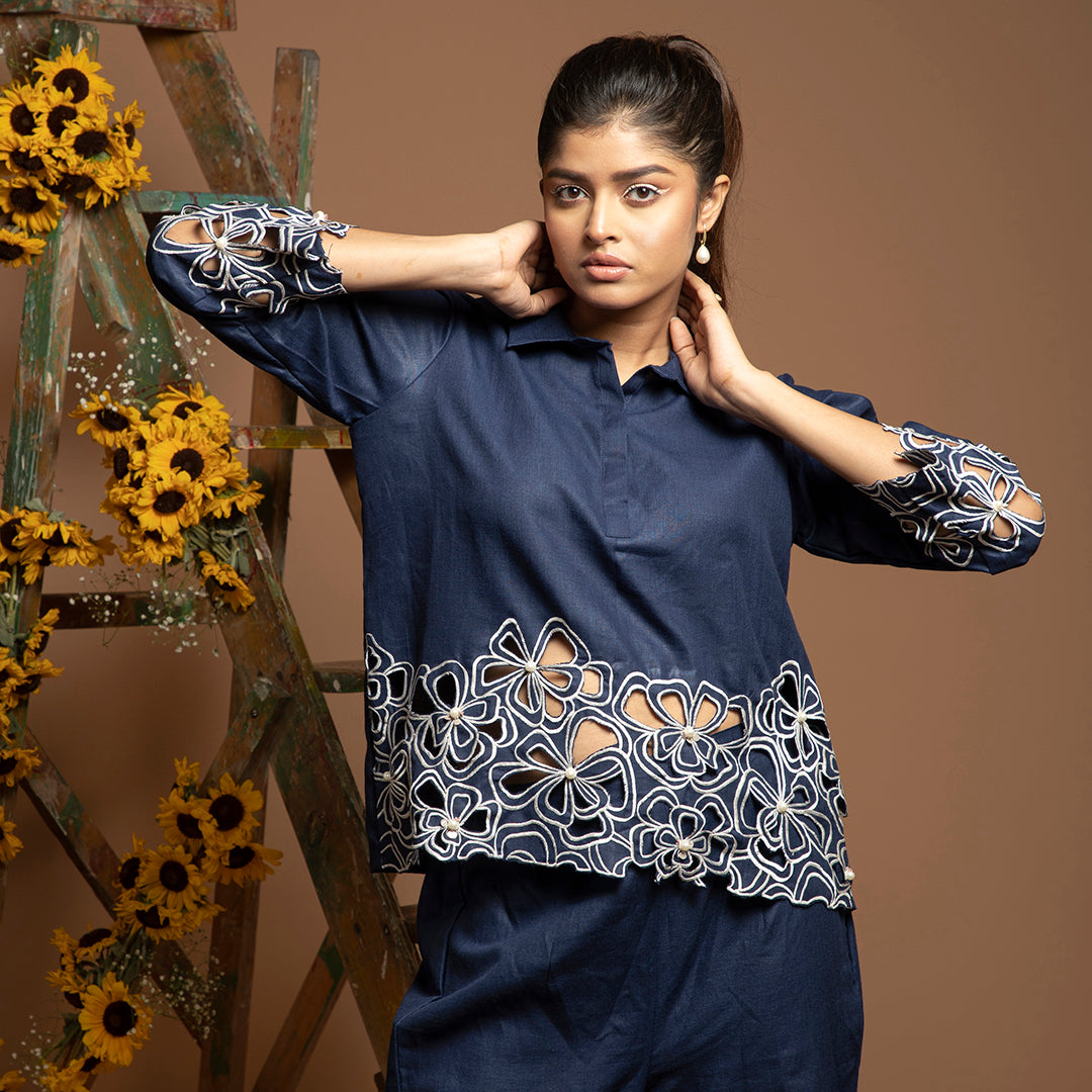 cutwork coordset in blue
