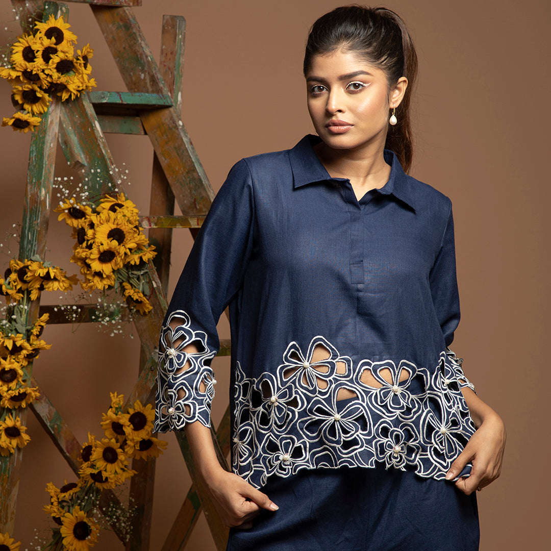 cutwork coordset in blue