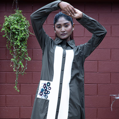 Grey and white dress with embroidey pocket