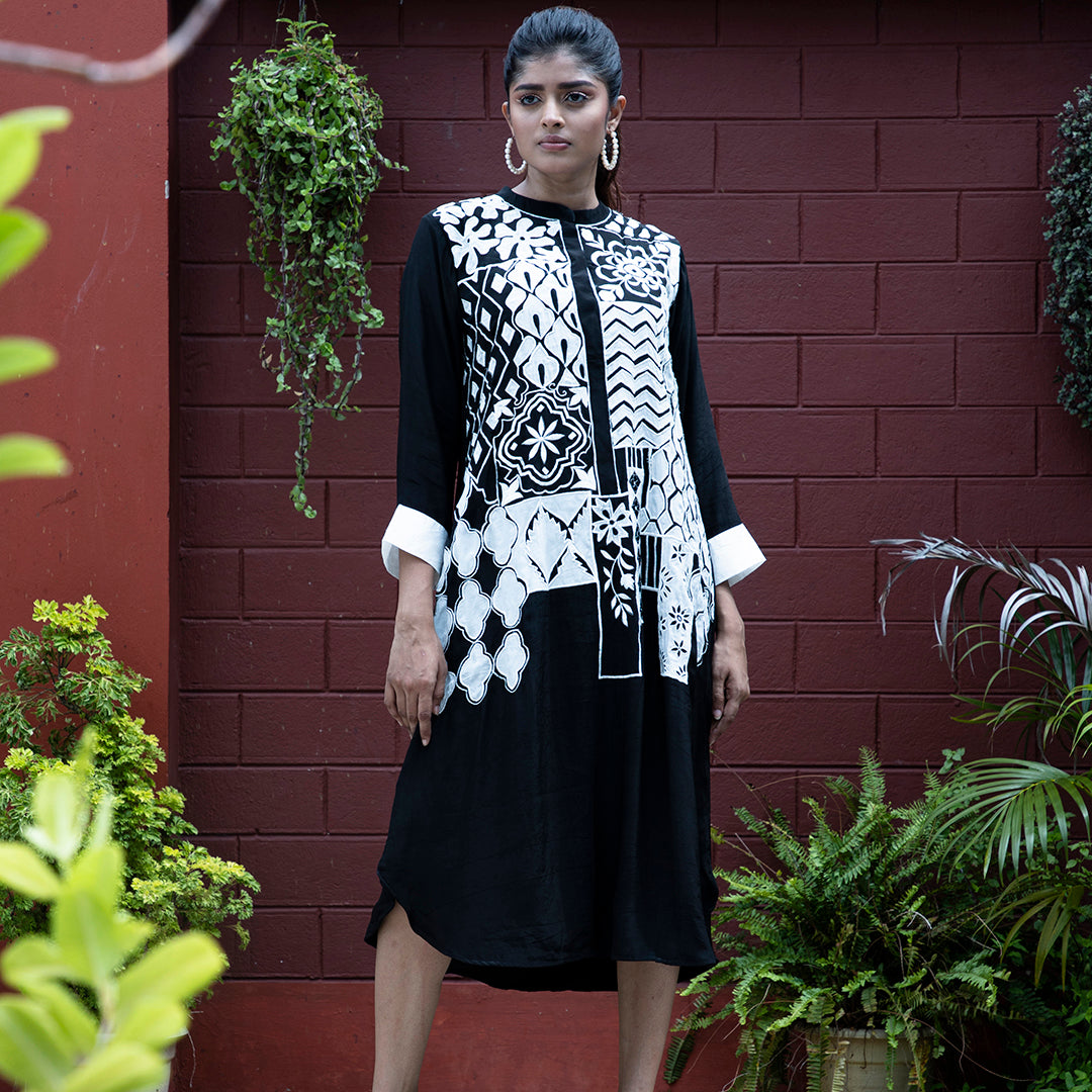 Black and white applique dress