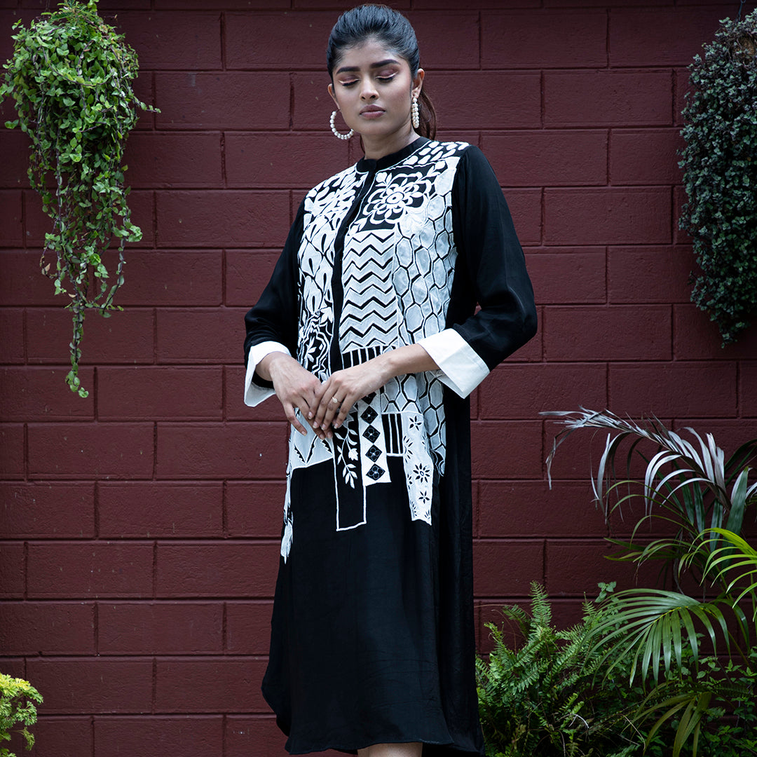 Black and white applique dress