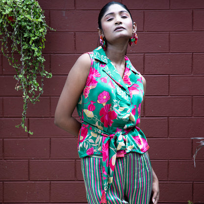 Green sleeveless collar shirt with pant