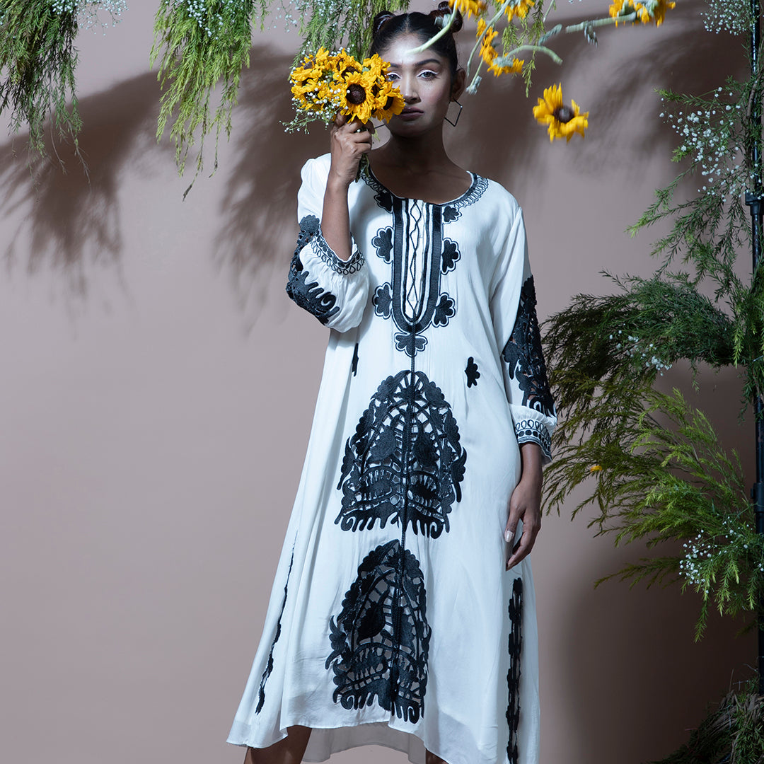 White dress with black cutwork
