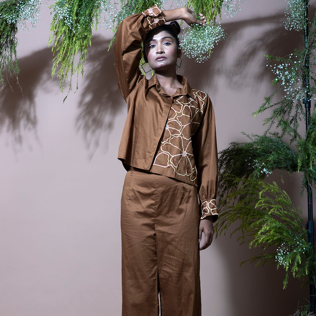 Brown coordset with embroidery