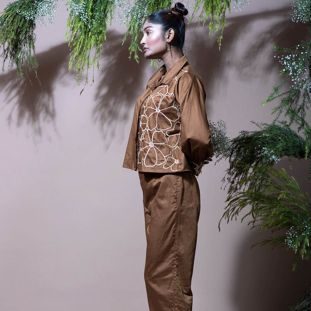 Brown coordset with embroidery