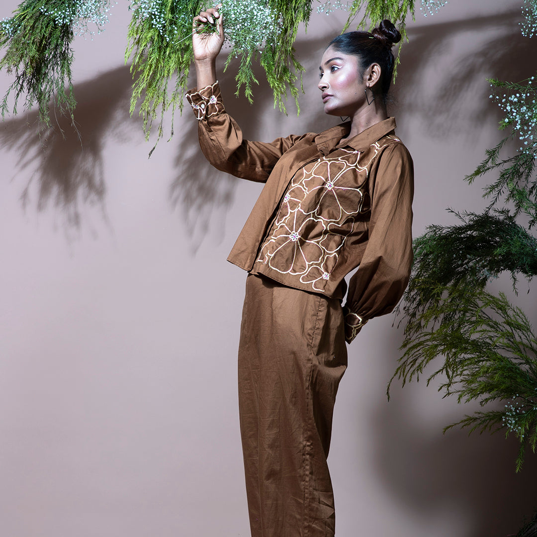 Brown coordset with embroidery