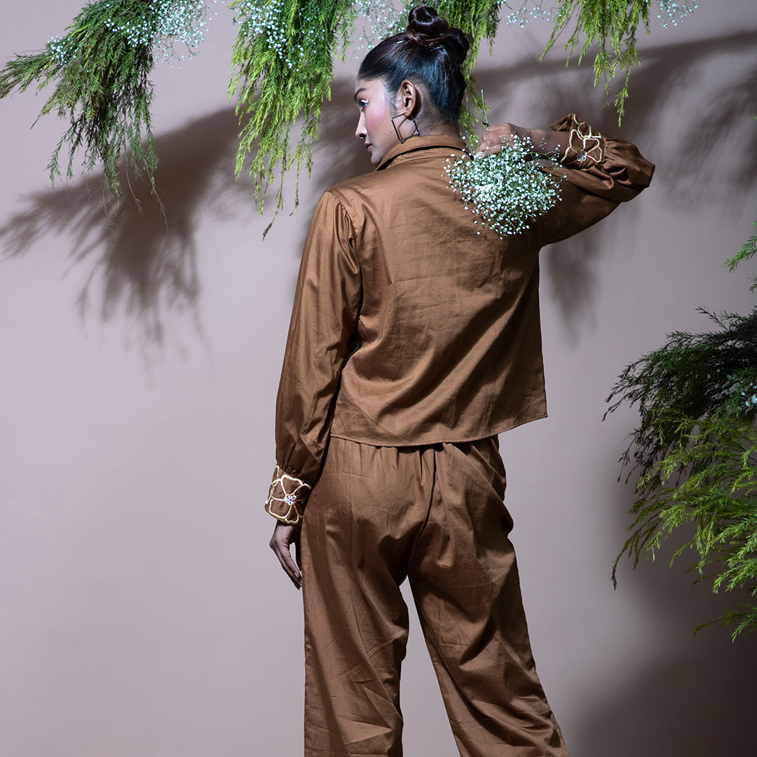 Brown coordset with embroidery