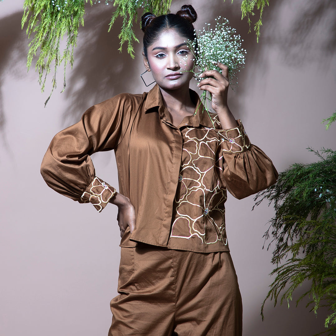 Brown coordset with embroidery